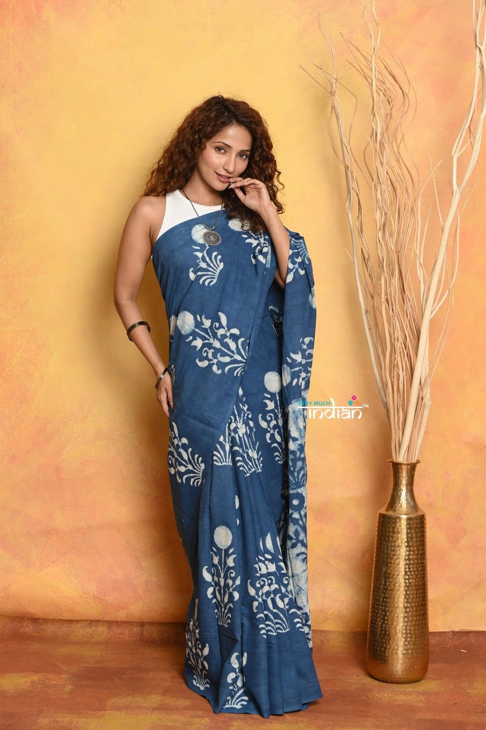 Mastaani ~ Handblock Printed Cotton Saree With Natural Dyes - Cerulean Blue
