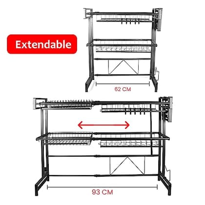 IBELL DR293AM Dish Rack for Kitchen, 2 Layer, Adjustable Length Bartan Stand Made of Carbon Steel for Drying