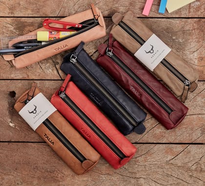 Talia  Genuine Leather Top Zippered Longitudinal Flat Pen/Pencil Case