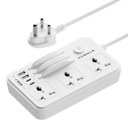 HAMMER Power Strip with 3 Universal Sockets with Child Security, 2 USB Ports and 2 Type C 20w PD, Mobile Holder, 2300W with 1.5 Meter Cable White HAMMER Power Strip with 3 Universal Sockets with Child Security, 2 USB Ports and 2 Type C 20w PD, Mobile Hol