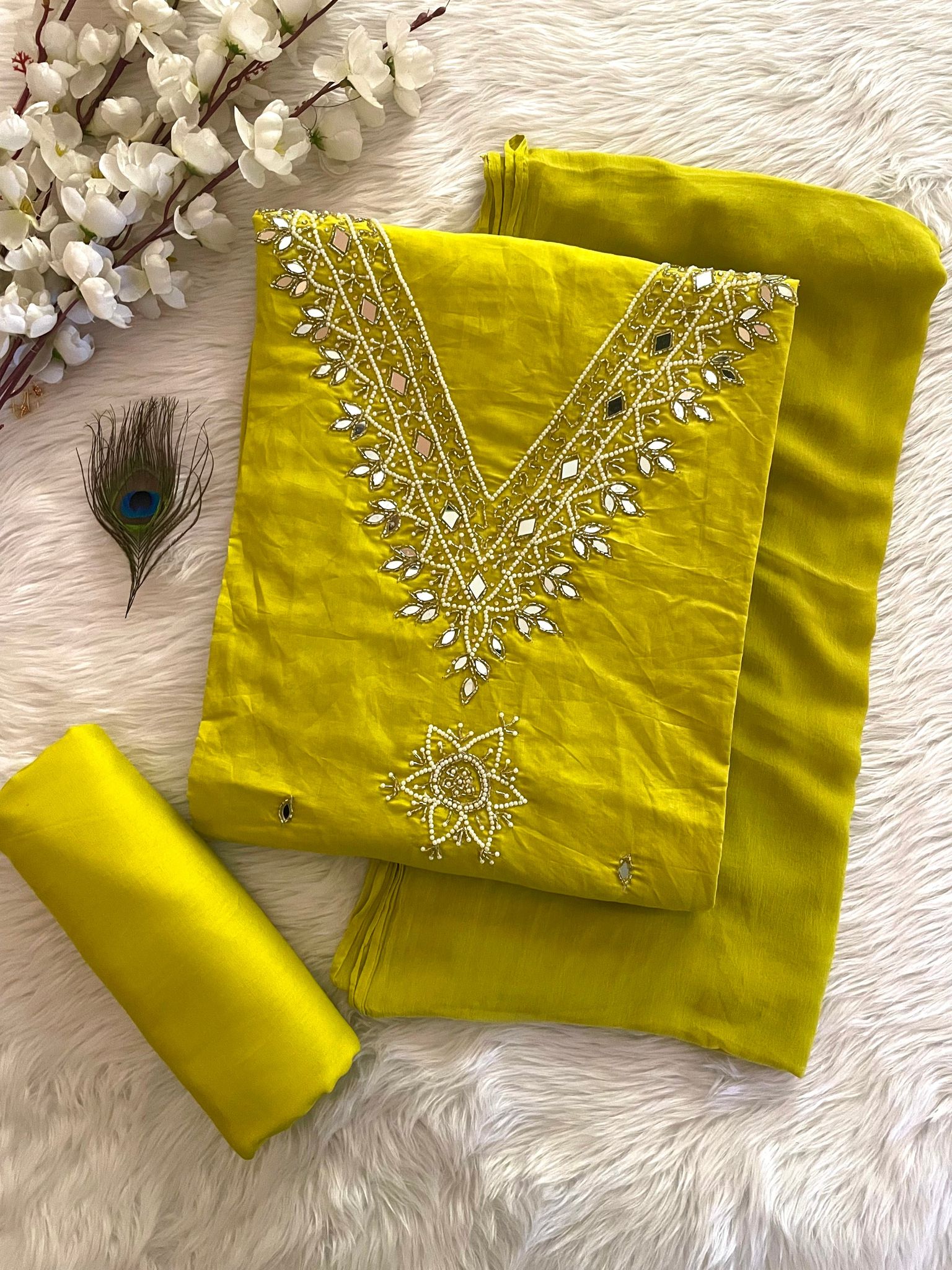 Chanderi Hand Moti and Mirror work Salwar Dress Material (Stitched)-Unstitched