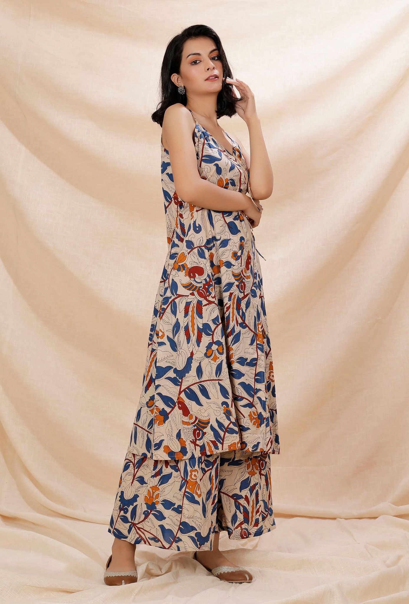 Beige Kalamkari Cotton Angrakha Kurta-L