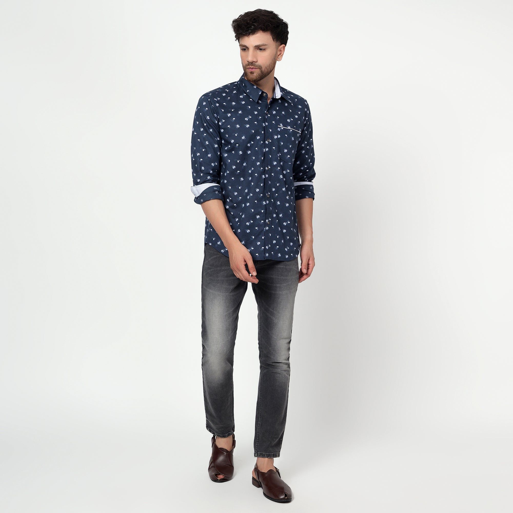 blue Cotton linen printed full sleeves shirt-XS