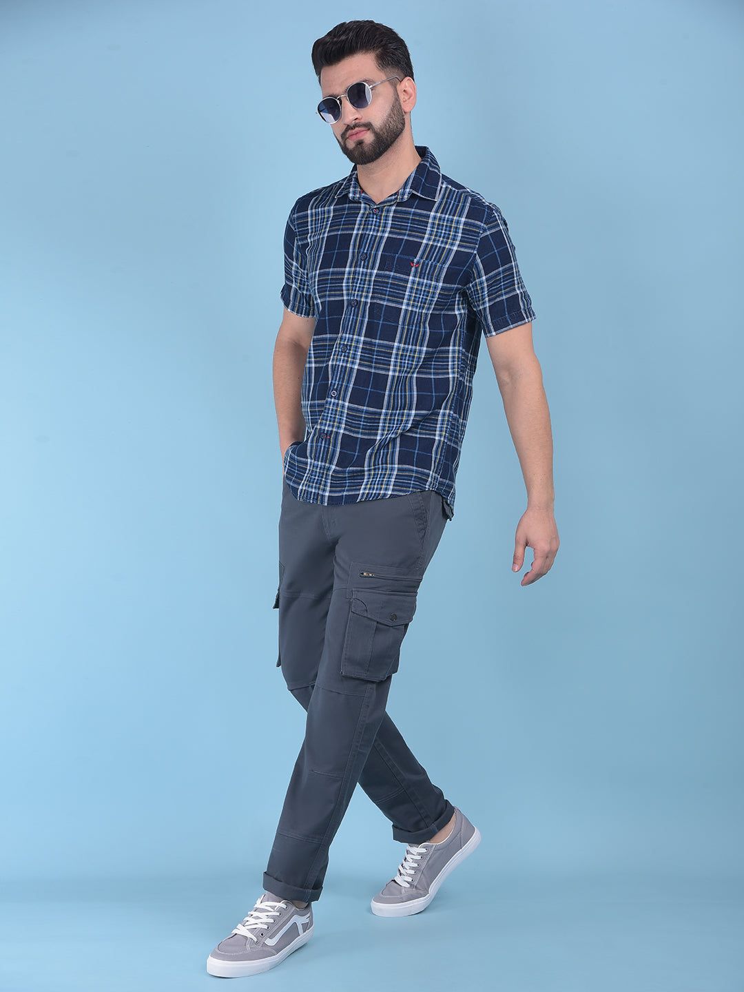 Blue Tartan Check 100% Cotton Shirt-S / Blue