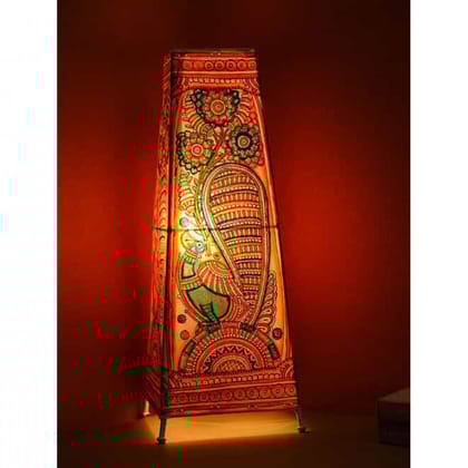 Poised Peacock Kalamkari Handpainted Standing Square Leather Lamp -17 Inch