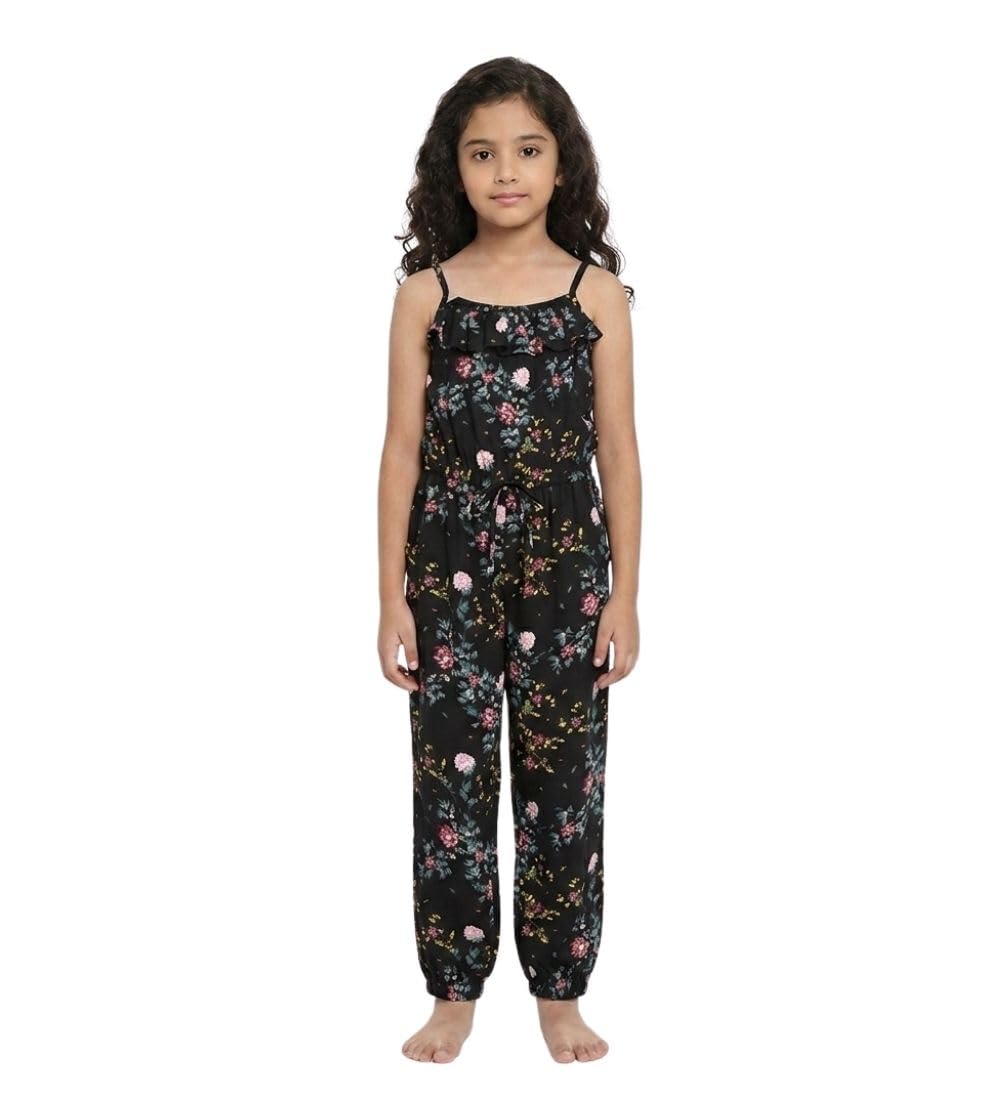 Girl's Rayon Floral Sleeveless Jumpsuit (Black-Pink, 4-5-Yrs)-PID66087