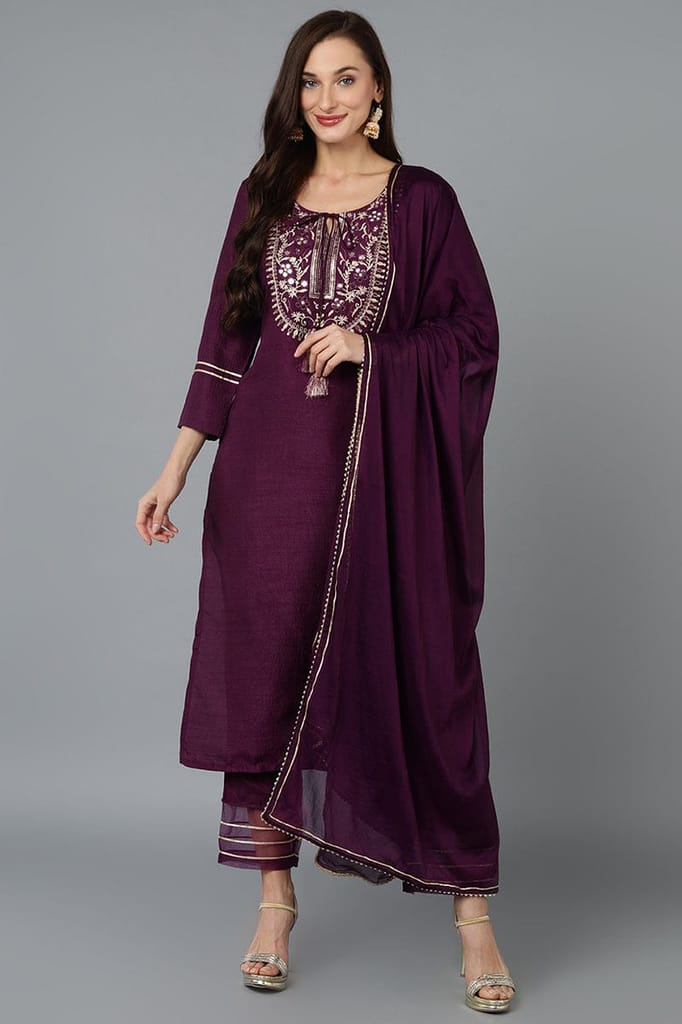 Silk Blend Purple Embroidered Straight Kurta Pant With Dupatta PKSKD1806 - Kurtas & Kurta Sets | Buy online on ZillyBuy