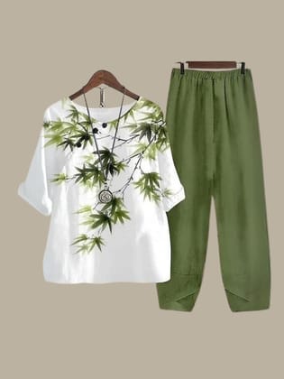 Relaxed Cotton Bamboo-Print Co-Ord Set-S - 36 / Green