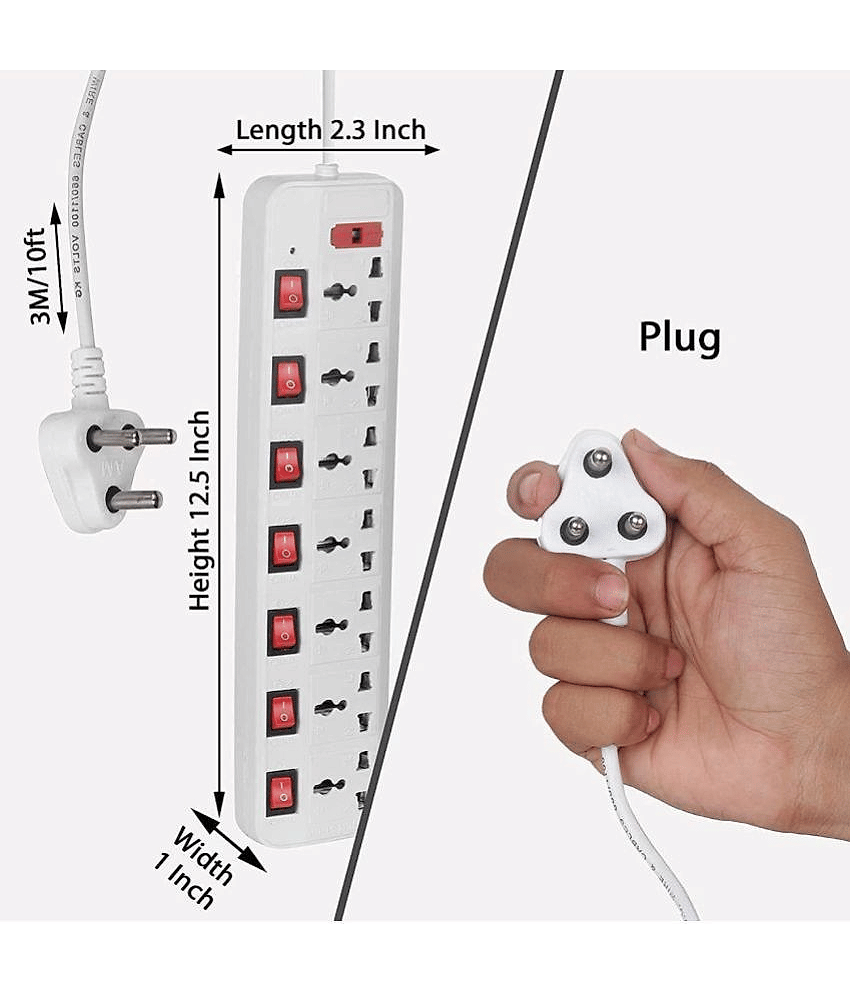 ECOBELL 7 Socket Extension Board With Fuse & 7Master Switch(2 .5 Mt wire length) Socket Extension Board