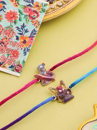 NVR Kids Set of 2 Cartoon Character Purple & Red Thread Rakhi with Roli Chawal Chandan & Mishri-One Size / Purple & Red