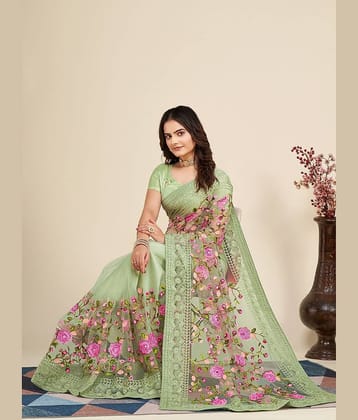 A TO Z CART Net Embroidered Saree With Unstitched Blouse Piece ( LightGreen )