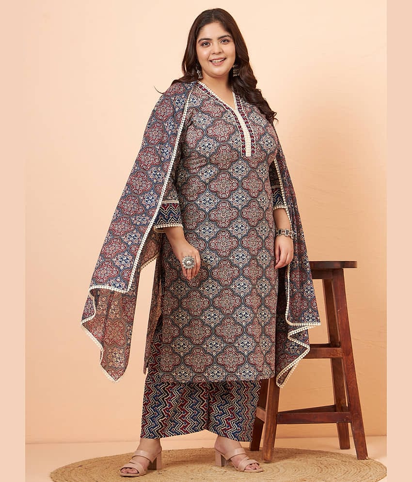 Tissu Cotton Printed Kurti With Palazzo Women's Stitched Salwar Suit - Multicolor ( Pack of 1 )