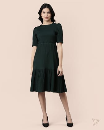Solid Wrinkle Dress - Bottle Green-XS / Bottle Green
