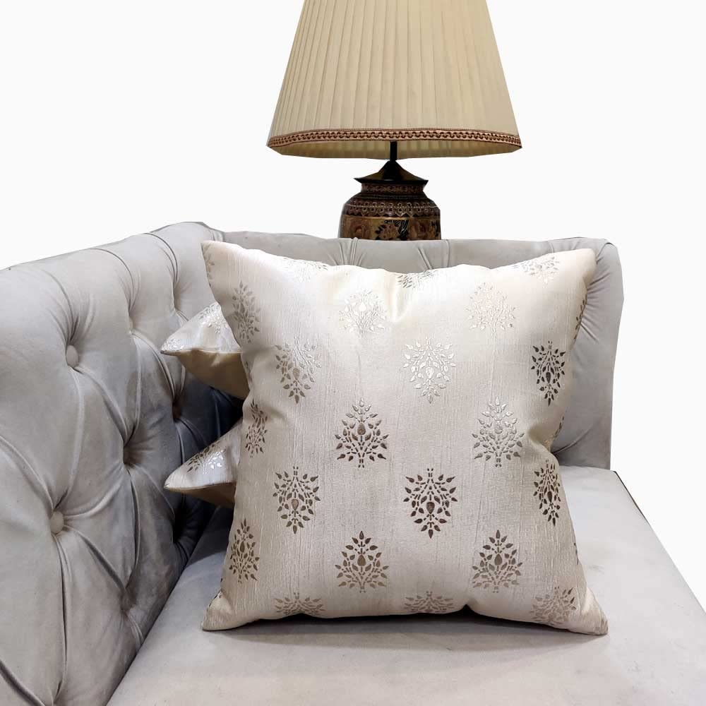 Polyester Silver Floral Foil Printed Cream Square Cushion Covers (40 cm*40cm, 16 x 16 inch) Pack of 3 - Flowers | Buy online on ZillyBuy