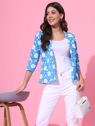 Aqua Floral Cotton Open Shrug-XS