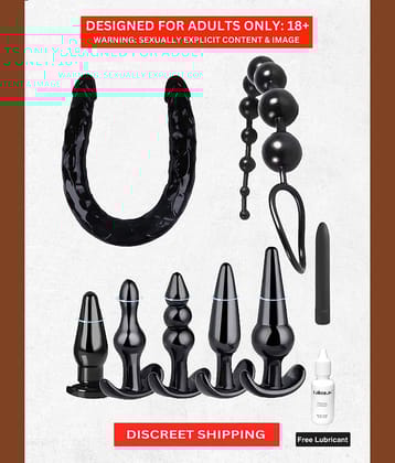 LGBTQ Sex Toy Set - 1 Double Ended Big Dildo with 5 Different Size of Anal Butt Plug and 1 Big Anal Beads, 1 Vibrating Dildo | Silicone Safe and Waterproof for Lesbian