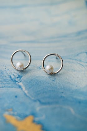 Swinging Pearl Circular Dainty Sterling Silver Stud Earrings-Silver