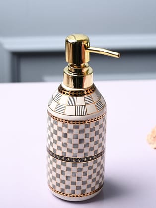 Ceramic Off White Cylindrical Soap Dispenser - Geometrical Glossy Finish