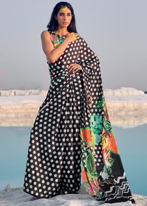 Black And White Polka Print Saga Saree