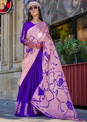 Pink And Purple Satin Crepe Printed Saree