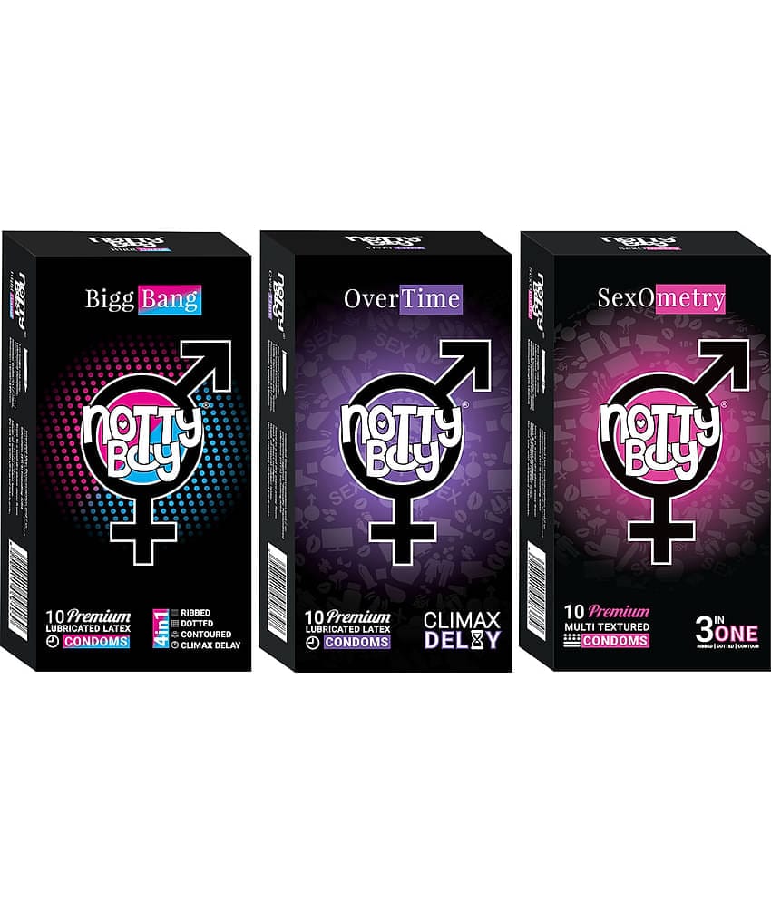 NottyBoy Assorted Pack Ribs, Dots, Contoured, Extra Delay and Extra Time Condoms - 30 Pcs