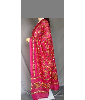 Apratim Pink Cotton Kutch Embroidered Dupatta - Single