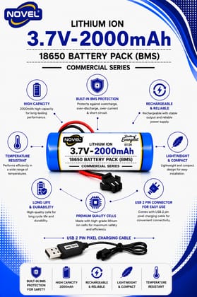 NOVEL 3.7V 18650 LITHIUM ION SM PIN BATTERY WITH CHARGING CABLE- 2000mAh