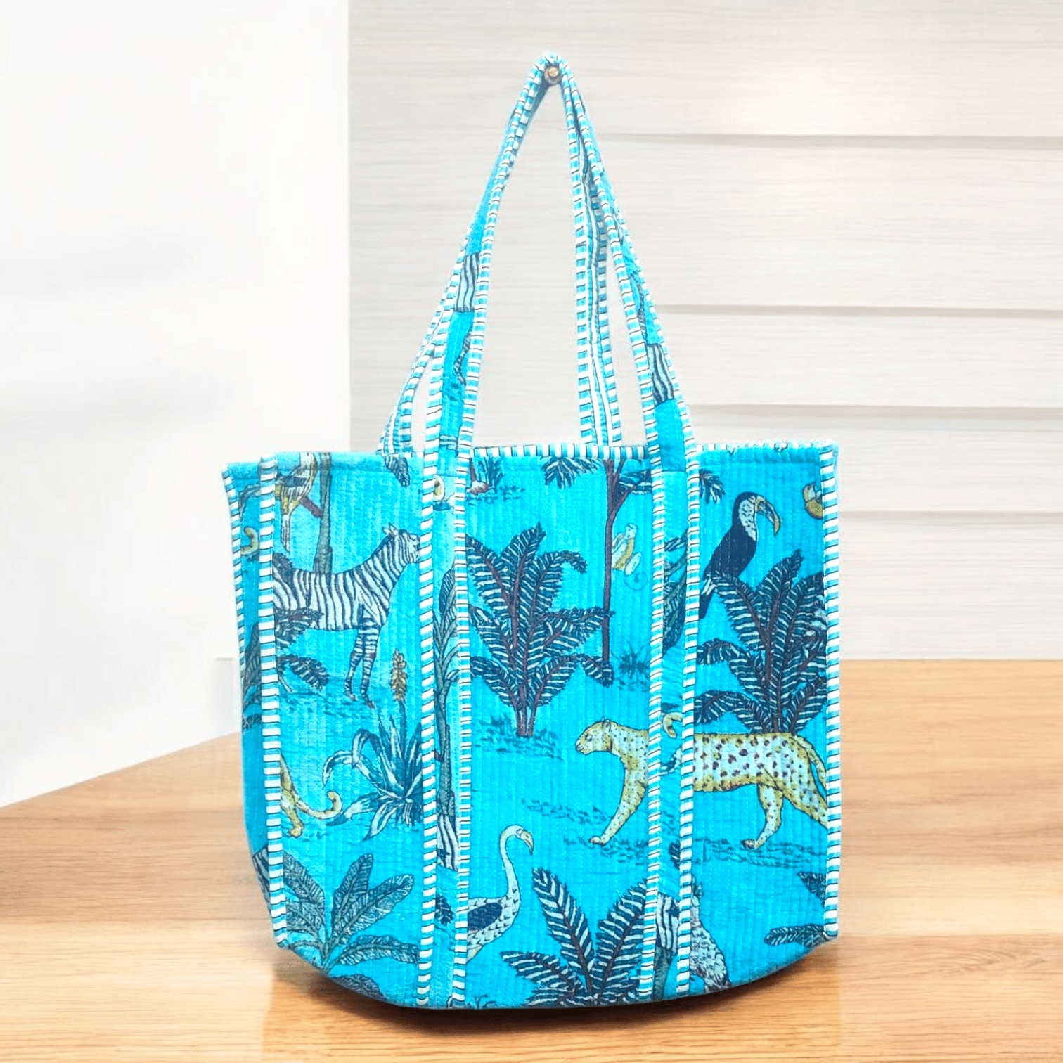 Velvet Quilted Tote Bag- Jungle blue