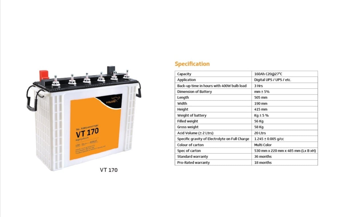V-Guard VT 170 Inverter Battery (160Ah) | High Cyclic Life Tubular Battery | Power Backup