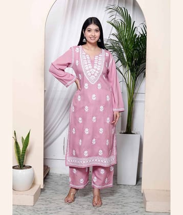 miravan Cotton Embroidered Kurti With Palazzo Women's Stitched Salwar Suit - Pink ( Pack of 1 )