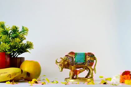 Multi-Colour Brass Kamadhenu Cow with Calf Idol (Color - Golden, Size - 4H *5L*3.5B) by Snova Enterprises