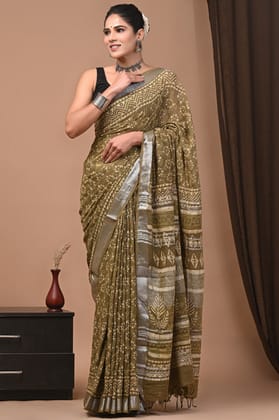 HAND BLOCK PRINTED COTTON LINEN SAREE WITH BLOUSE