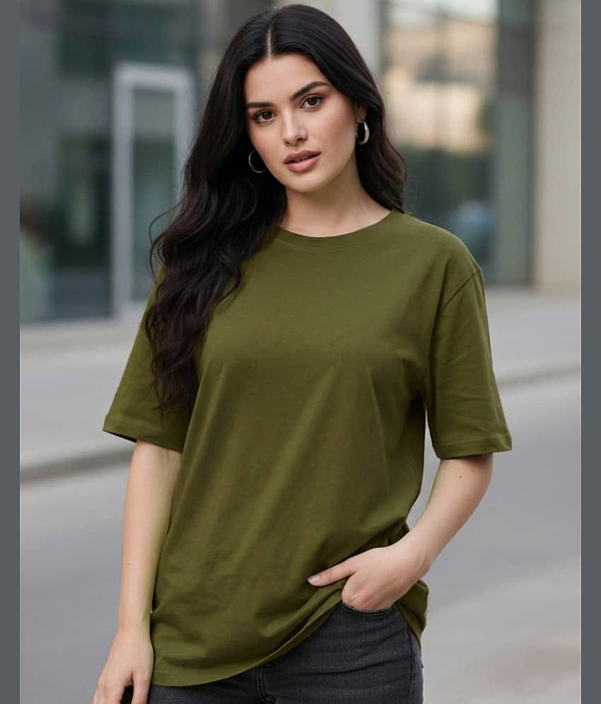 ENITOR Women Cotton Blend Solid Oversized Fit Round Neck T-Shirt ( Green )