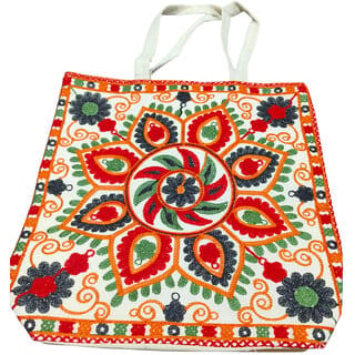 Handcrafted Embroidered Cotton Tote Bag for Women  Reusable Shopping  Travel Shoulder Bag  Multicolor Floral Design