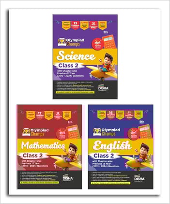 Disha Combo Class 2 (set of 3 books) Olympiad Champs Science, Mathematics & English with Chapter-wise Previous 12 Year (2013 - 2024) Questions 5th Edition