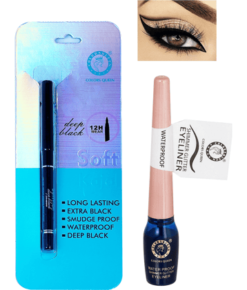 Colors Queen Long Lasting Deep Black Kajal Liquid Black with Eyeliner (Combo of 2)