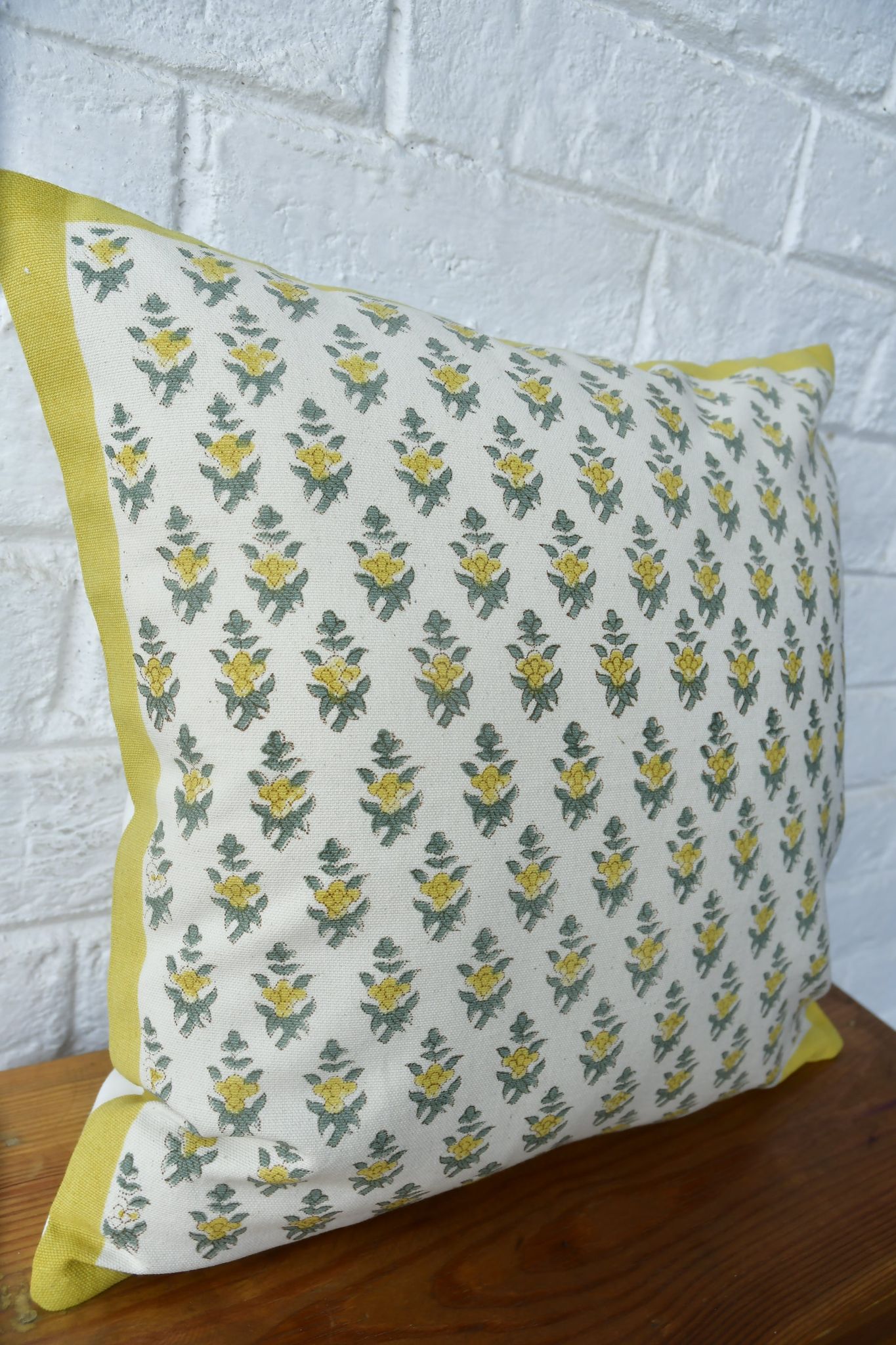 Lemon Green Buti Cushion Cover: Hand Block Printed Luxury India