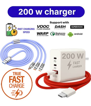 200W Fast Charger with PD & QC 3.0 | SuperVOOC, Dash, Warp Supported | Dual Type-C + USB Port | 3-in-1 Multi Charging Cable Included