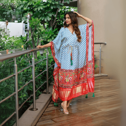 Exquisite Designer Vibrant Gaji Silk White Kaftan by GlamaStitch-Free Size Up To XXL-44