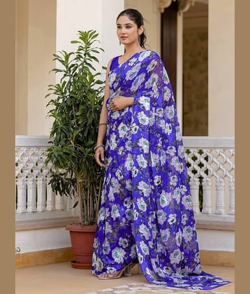Sanjana Silk Satin Printed Maheshwari Saree With Unstitched Blouse Piece ( Blue )