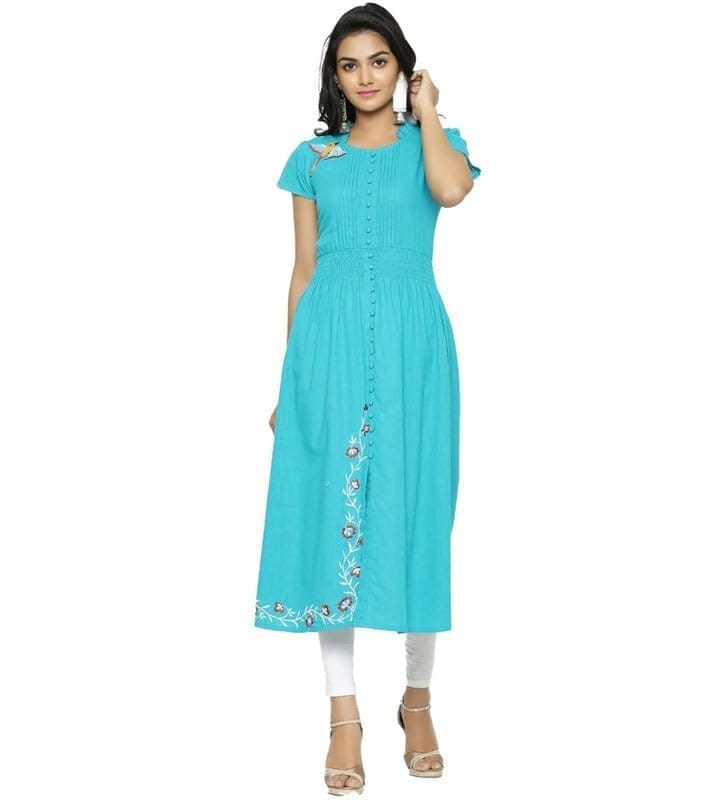 Women's Casual Short Sleeve Embroidery Cotton Slub Kurti (Torque Green, 2XL)-PID48552