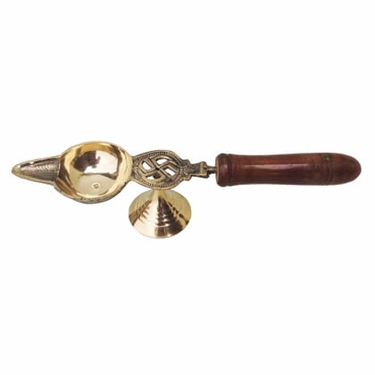 Brass Table Decor Oil Lamp Deepak With Wooden Handle  - Unique Brass Deepak Design, Height : 2.2 Inch (FMAS363 F)