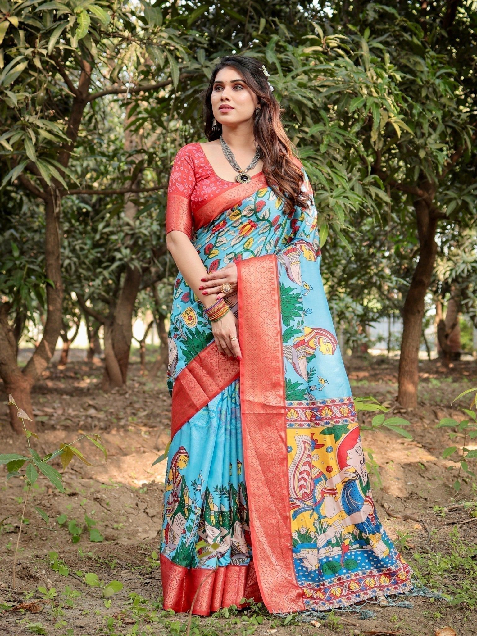 Aqua Blue Tussar Silk Saree with Vibrant Nature-Inspired Prints and Red Zari Border-Regular