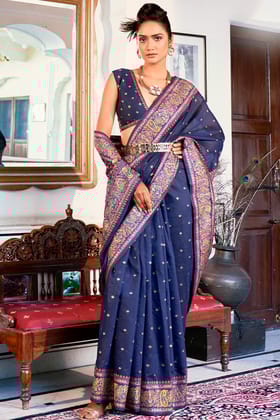 Rhino Blue Kashmiri Modal Pashmina Silk Saree