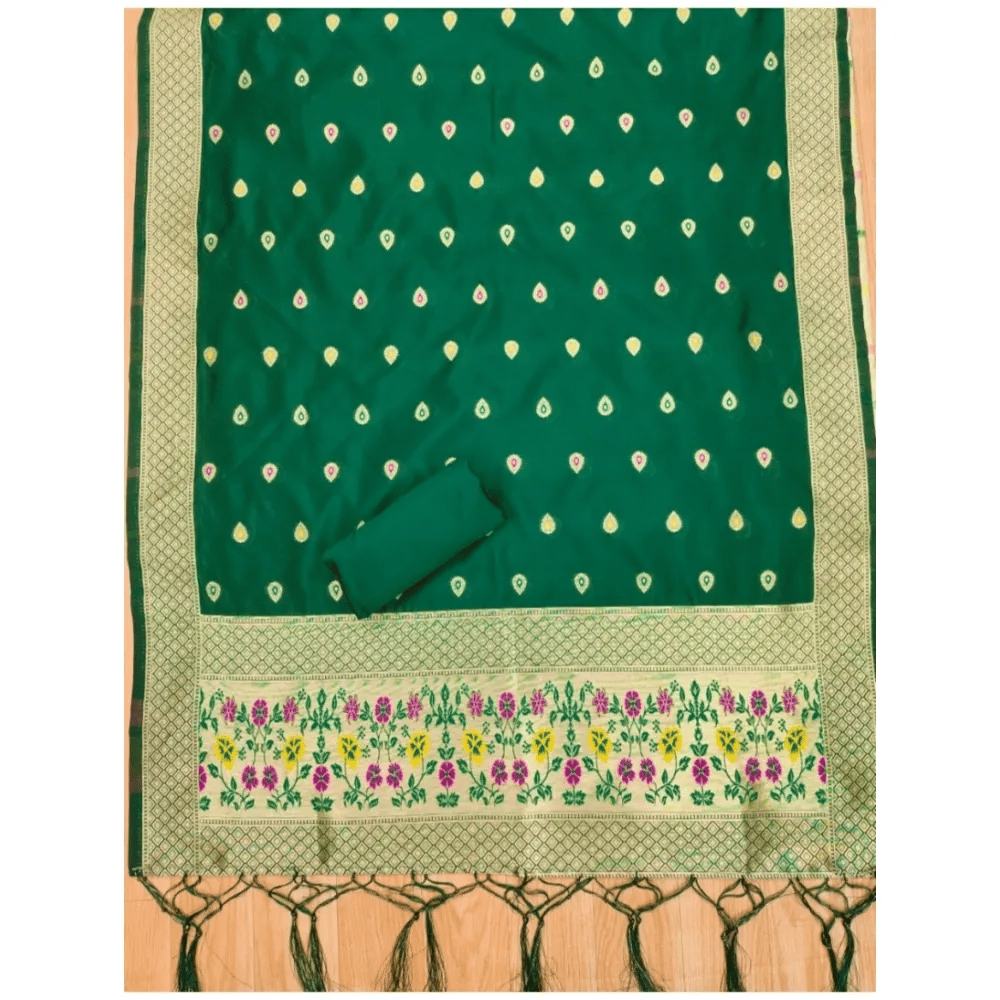 Generic Women's Banarasi Silk Printed Unstitched Salwar Suit Material With Dupatta (Bottle Green, 3Mtrs)