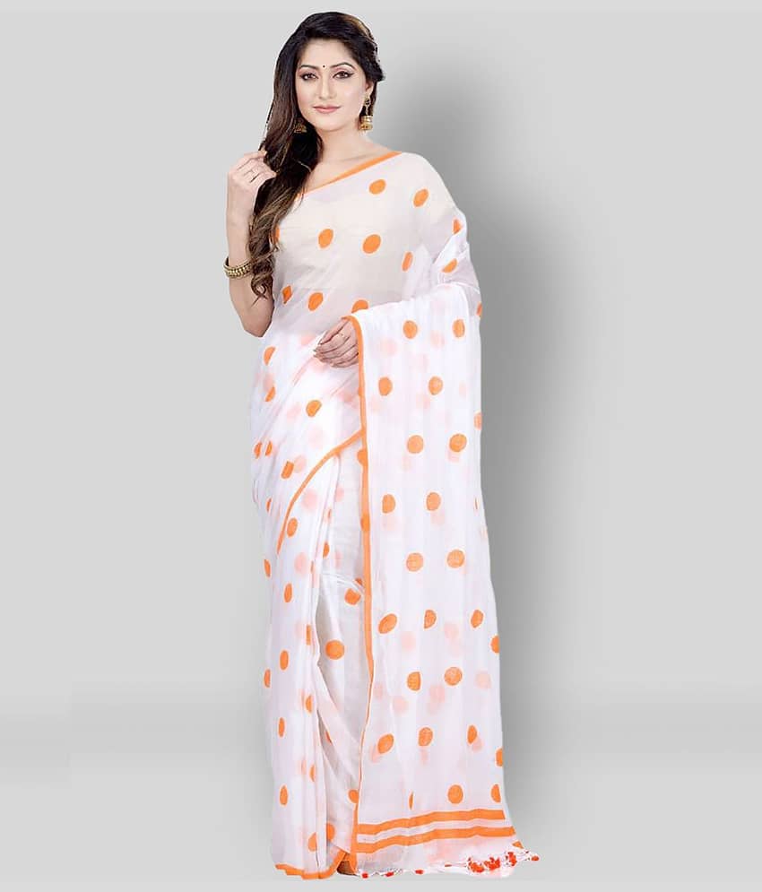 Desh Bidesh Cotton Blend Printed Saree Without Blouse Piece ( White )