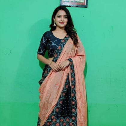 Premium Festive Lehenga Blouse Dupatta Navy Blue Peach