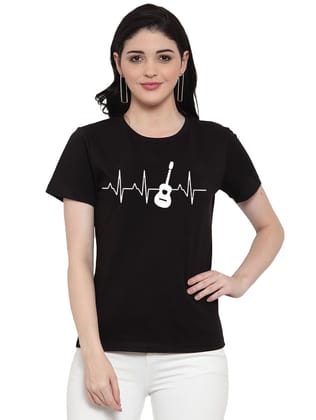 Women's Cotton Blend Bass Guitar Heartbeat Line Art Printed T Shirt L (Black)