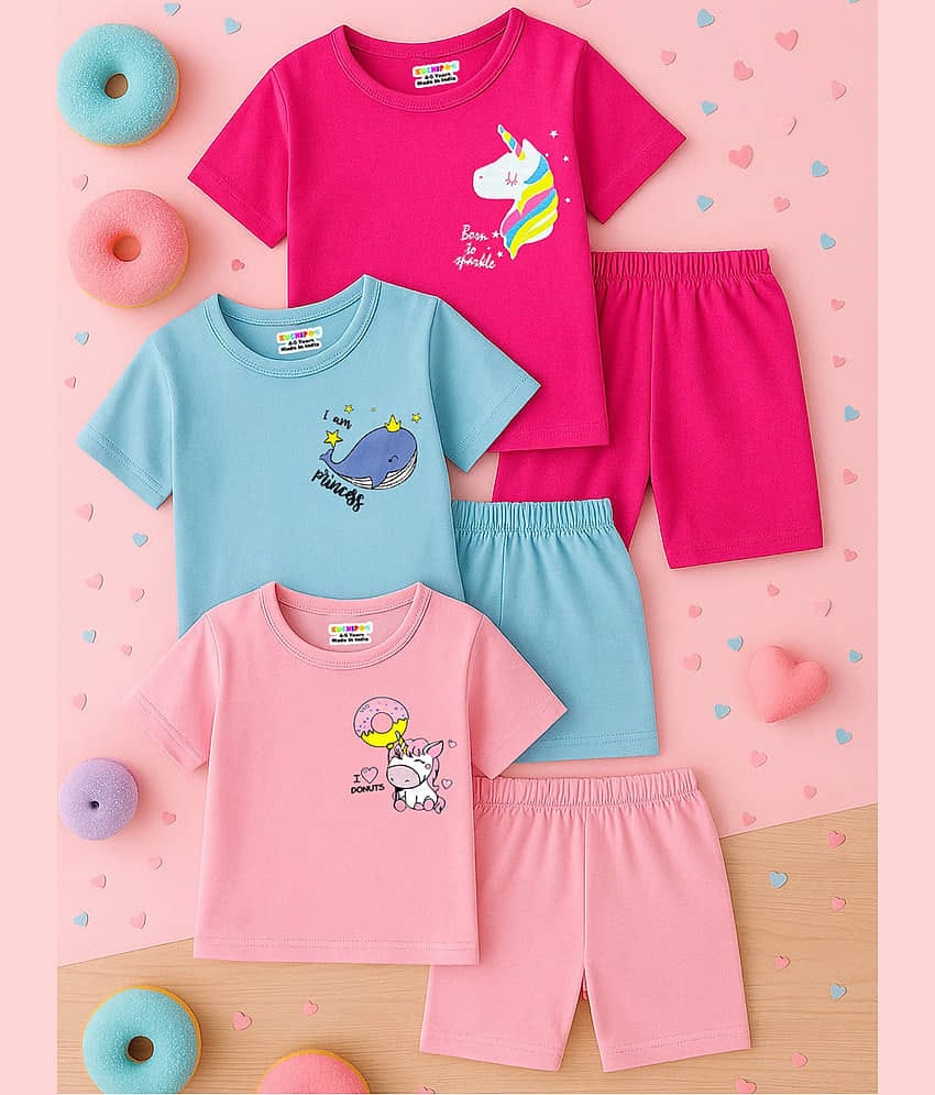 Kuchipoo Pack of 3 Girls Cotton Blend T-shirt & Shorts ( Multicolor 1 )