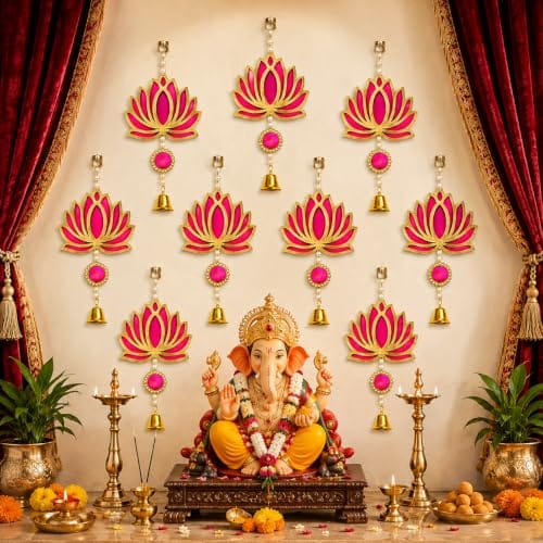 Wall Door Hanging Lotus Latkan Toran with Bells (22.8 cm x 9.6 cm) - Main Door Entrance Pooja Room Temple Wedding